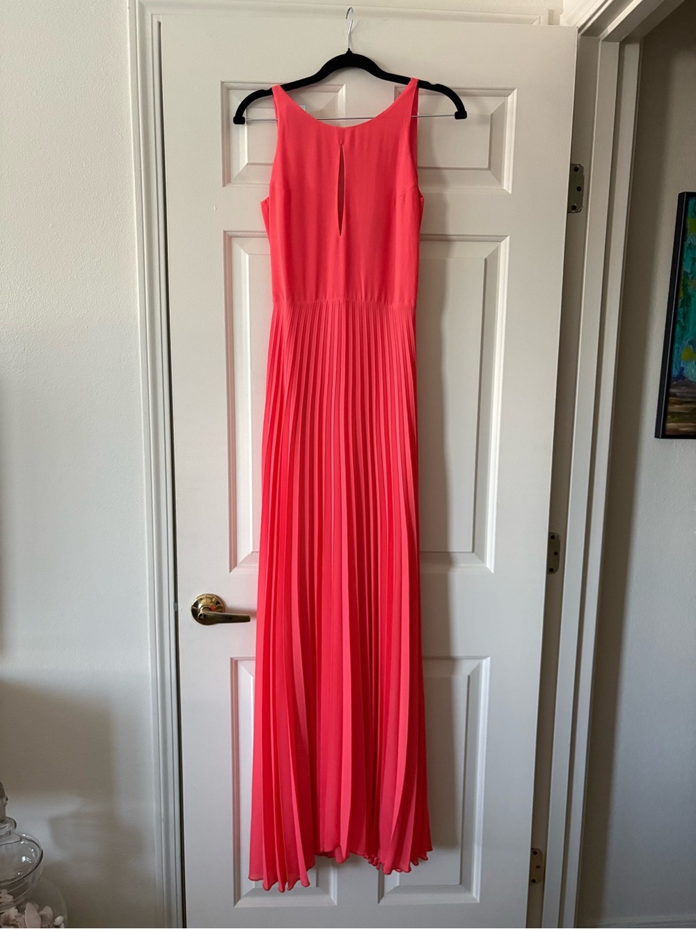 Sleeveless Coral Pleated Maxi Dress with Front Keyhole